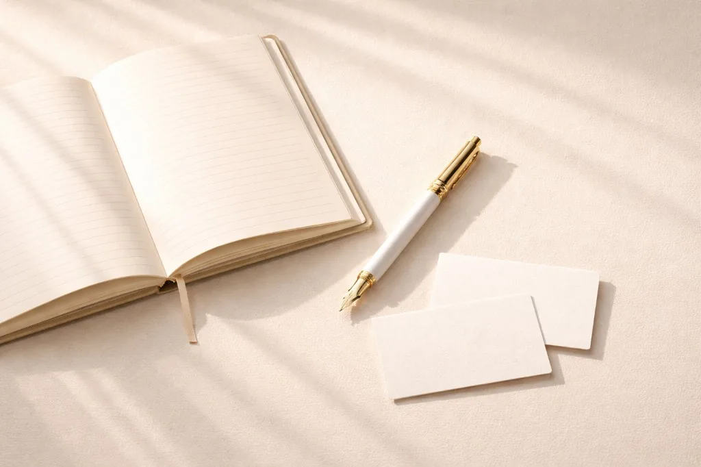 Notebook, pen, and cards in warm natural light