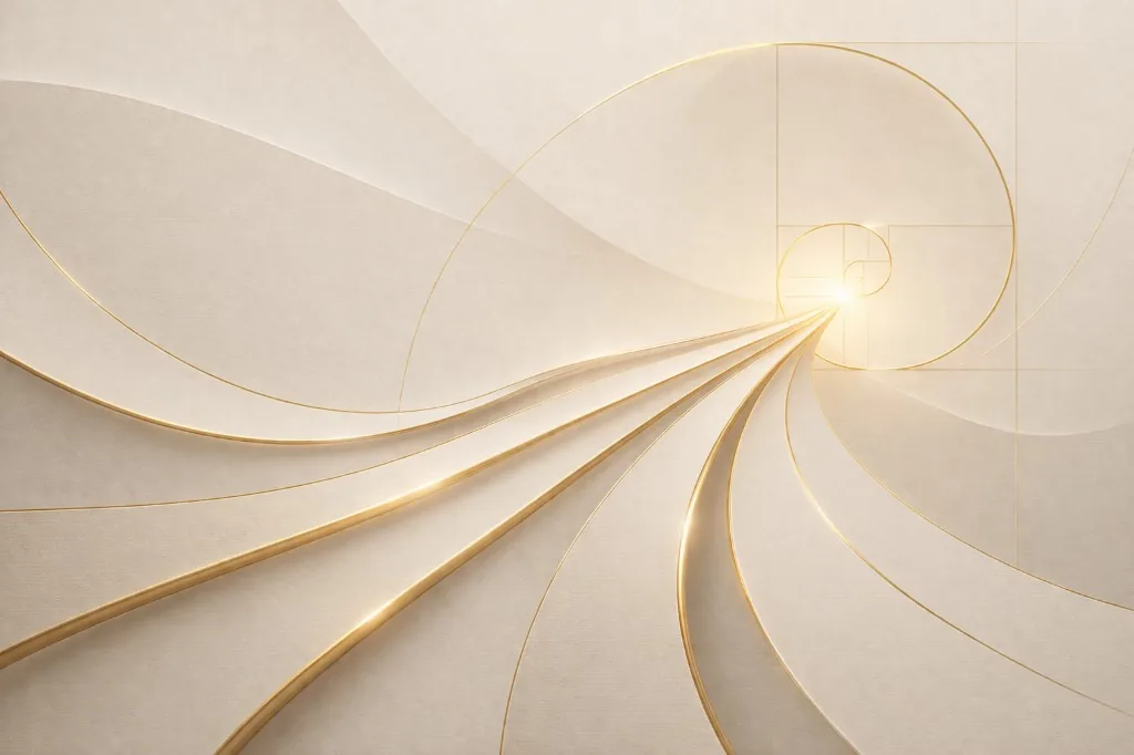 Golden spiral with flowing ribbons on a warm neutral field