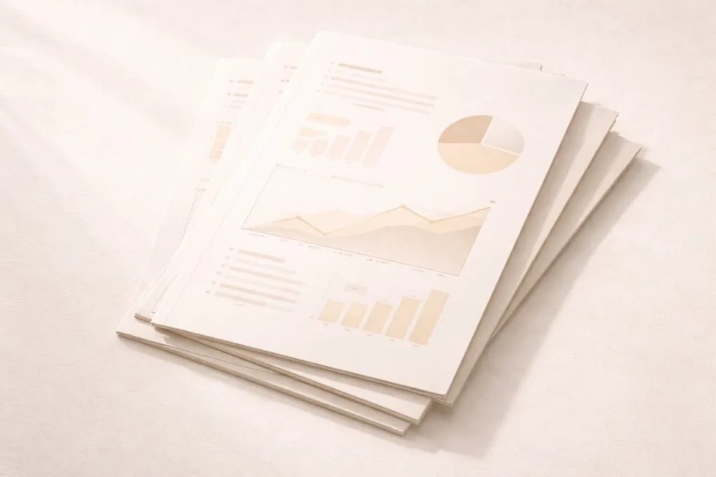 Stack of refined documents with subtle chart graphics
