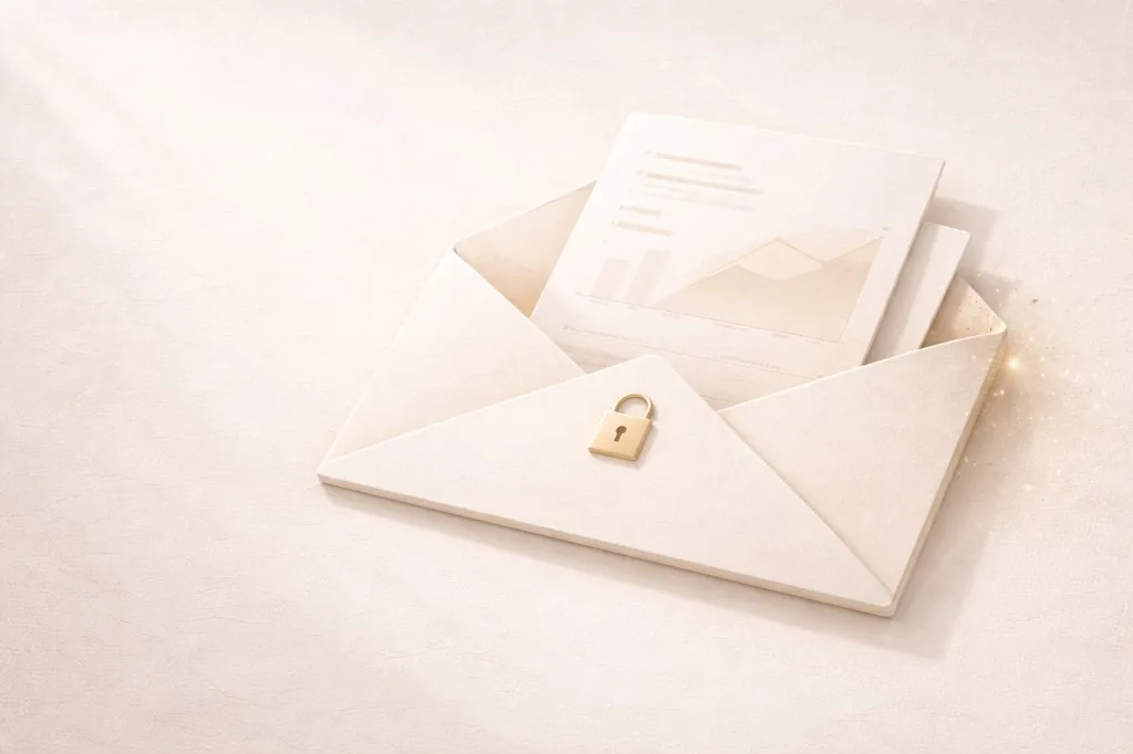 Open envelope with document and small lock suggesting secure communication