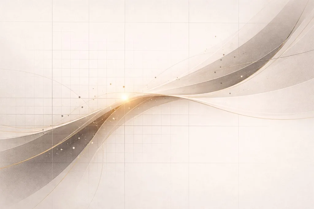 Flowing ribbons and soft grid suggesting structured insight